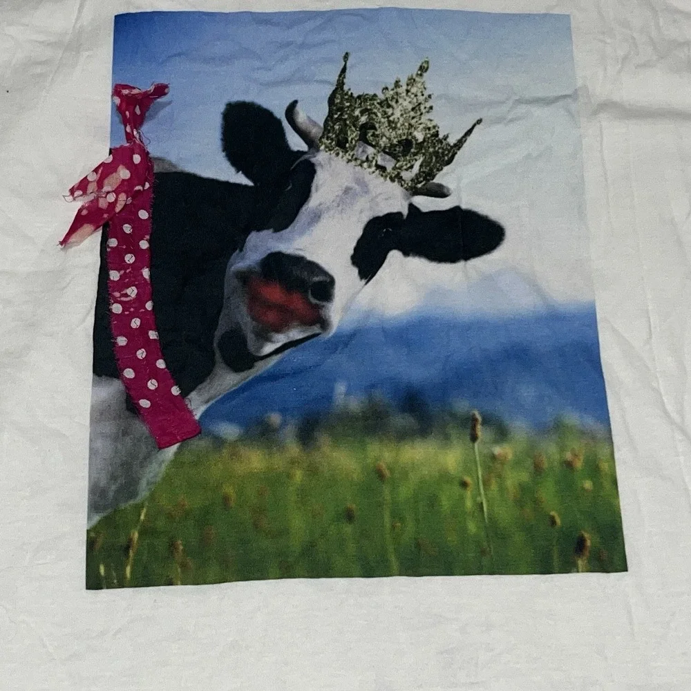 Women's Cow T-Shirt Ribbon Bling A Gogo Funny Farm Animal Tee‎ Sz XL - Picture 2 of 4